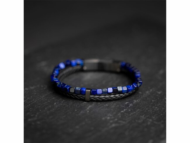 GEMINI | Bracelet | Double | Cuir Noir | Oeil de Tigre Bleu | O37
