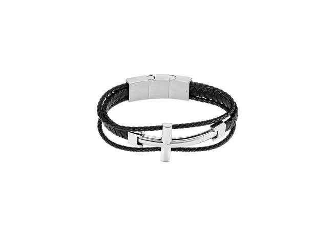 Lotus Style | Bracelet | Acier Inoxydable | Cuir Tressé Noir | Croix | LS2379/2/1