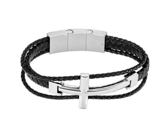 Lotus Style | Bracelet | Acier Inoxydable | Cuir Tressé Noir | Croix | LS2379/2/1