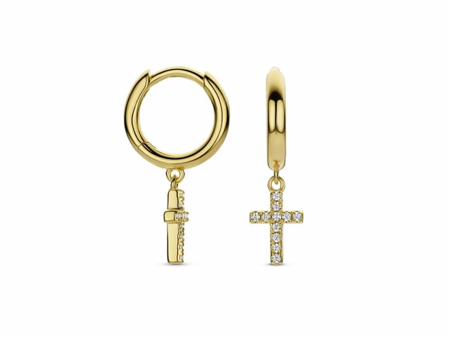 Naiomy Silver | Boucles d'Oreilles | Créoles | Plaqué Or | Oxyde de Zirconium | Croix|N6T63