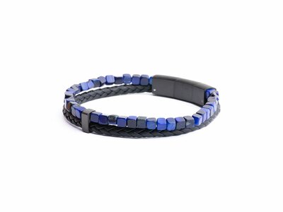 GEMINI | Bracelet | Double | Cuir Noir | Oeil de Tigre Bleu | O37