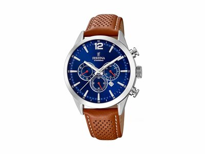 Festina | Homme | Quartz | Chrono | Cuir Brun | ø43.5mm | Bleu | F20542/3